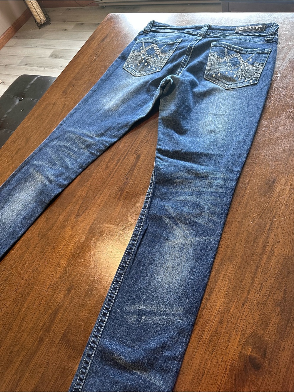 Red Rivet Size 13 Skinny Jeans Blue Denim Rhinestone Embellished Pockets Y2K - Picture 8 of 13